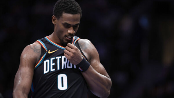 CHARLOTTE, NORTH CAROLINA - APRIL 10: Jalen Duren #0 of the Detroit Pistons looks on during the first half of a basketball game against the Charlotte Hornets at Spectrum Center on April 10, 2026 in Charlotte, North Carolina. NOTE TO USER: User expressly acknowledges and agrees that, by downloading and or using this photograph, User is consenting to the terms and conditions of the Getty Images License Agreement. (Photo by David Jensen/Getty Images)