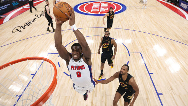 DETROIT, MICHIGAN - MAY 05: Jalen Duren #0 of the Detroit Pistons goes up for a dunk against Evan Mobley #4 of the Cleveland Cavaliers in Game One of the Second Round of the NBA Eastern Conference Playoffs at Little Caesars Arena on May 05, 2026 in Detroit, Michigan. NOTE TO USER: User expressly acknowledges and agrees that, by downloading and or using this photograph, User is consenting to the terms and conditions of the Getty Images License Agreement. (Photo by Gregory Shamus/Getty Images)