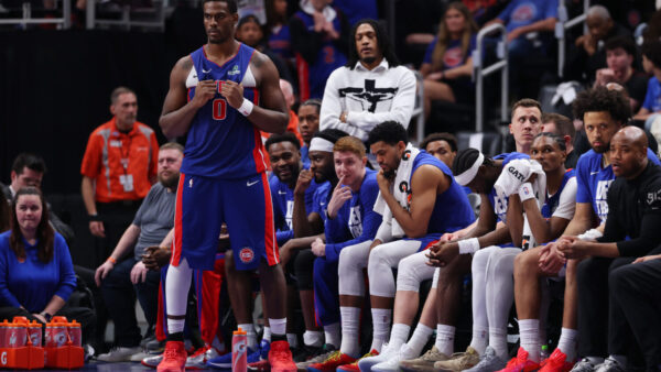 DETROIT, MICHIGAN - MAY 17: Jalen Duren #0 of the Detroit Pistons and teammates look on from the bench during the fourth quarter against the Cleveland Cavaliers in Game Seven of the Second Round of the NBA Eastern Conference Playoffs at Little Caesars Arena on May 17, 2026 in Detroit, Michigan. NOTE TO USER: User expressly acknowledges and agrees that, by downloading and or using this photograph, User is consenting to the terms and conditions of the Getty Images License Agreement. (Photo by Gregory Shamus/Getty Images)