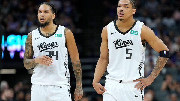 SACRAMENTO, CALIFORNIA - JULY 04: Darius Acuff Jr. #5 and Emanuel Sharp #34 of the Sacramento Kings looks on against the Brooklyn Nets during the second half in the California Classic a NBA Summer League game at Golden 1 Center on July 04, 2026 in Sacramento, California. NOTE TO USER: User expressly acknowledges and agrees that, by downloading and or using this photograph, User is consenting to the terms and conditions of the Getty Images License Agreement. (Photo by Thearon W. Henderson/Getty Images)