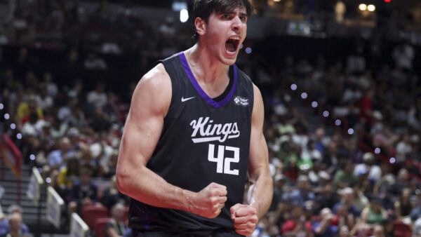 LAS VEGAS, NEVADA - JULY 12: Maxime Raynaud #42 of the Sacramento Kings yells after making a basket while being fouled against the Washington Wizards in the third quarter of a 2026 NBA Summer League game at the Thomas & Mack Center on July 12, 2026 in Las Vegas, Nevada. (Photo by Ian Maule/Getty Images)