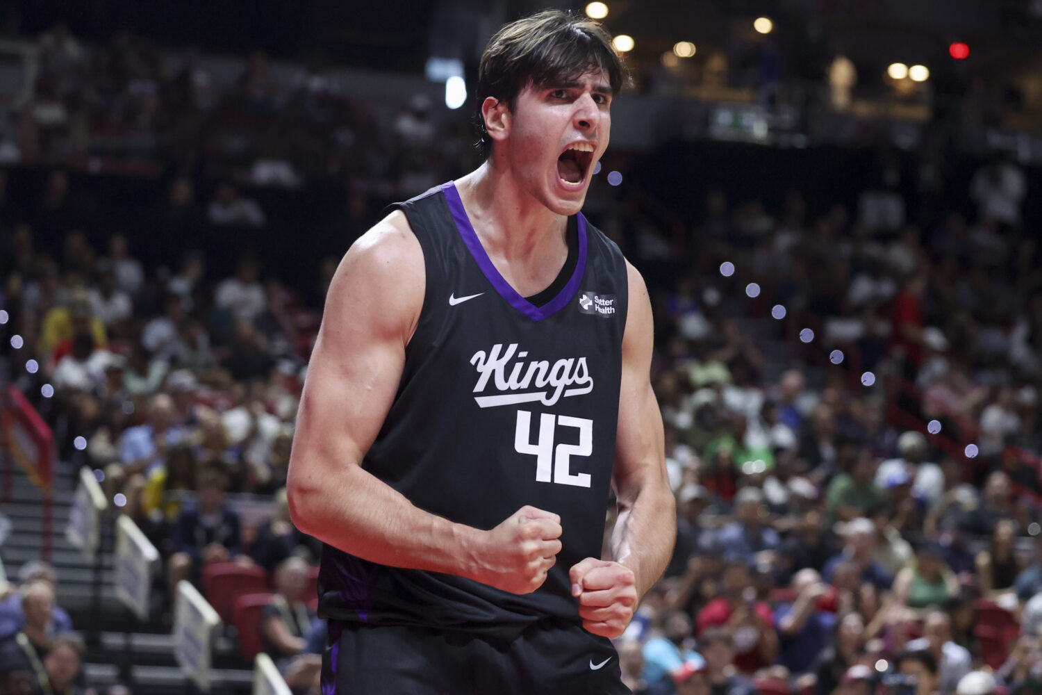 LAS VEGAS, NEVADA - JULY 12: Maxime Raynaud #42 of the Sacramento Kings yells after making a basket...