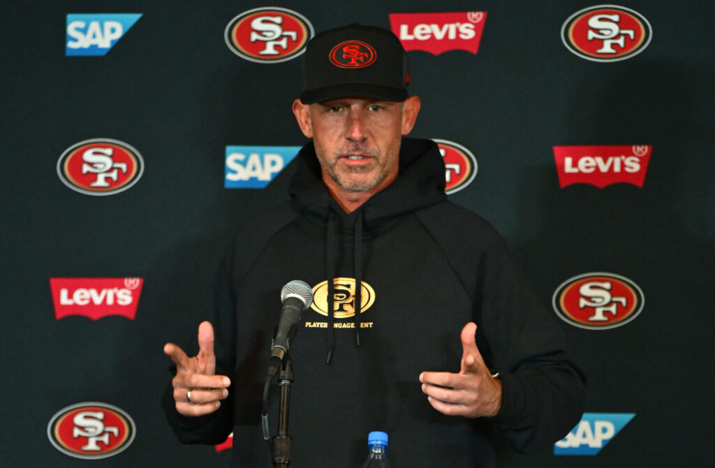 MELBOURNE, AUSTRALIA - SEPTEMBER 07: San Francisco 49ers Head Coach Kyle Shanahan talks to the media during a San Fransisco 49ers NFL media availability at AAMI Park on September 07, 2026 in Melbourne, Australia. (Photo by Quinn Rooney/Getty Images)