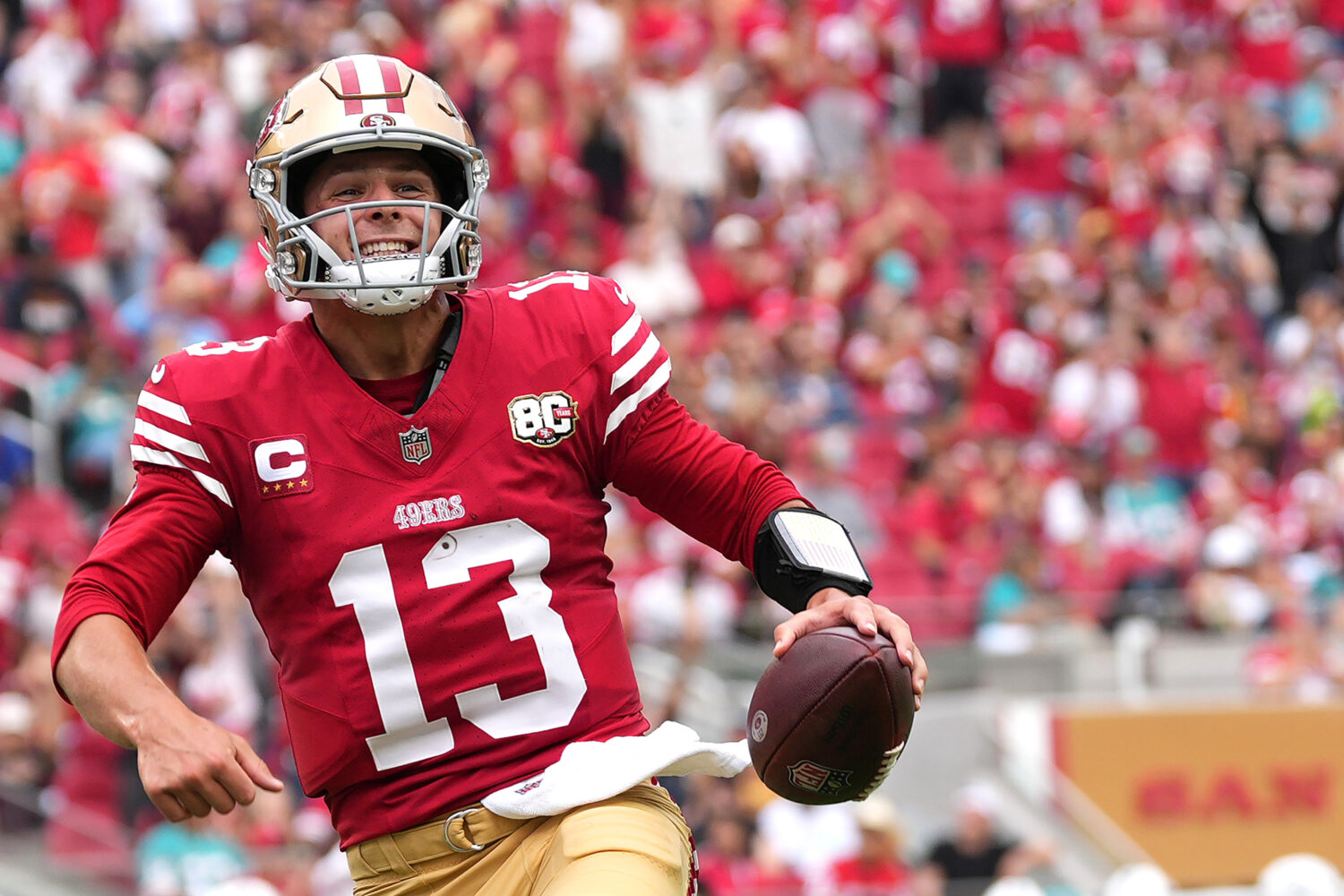 SANTA CLARA, CALIFORNIA - SEPTEMBER 20: Brock Purdy #13 of the San Francisco 49ers celebrates after...
