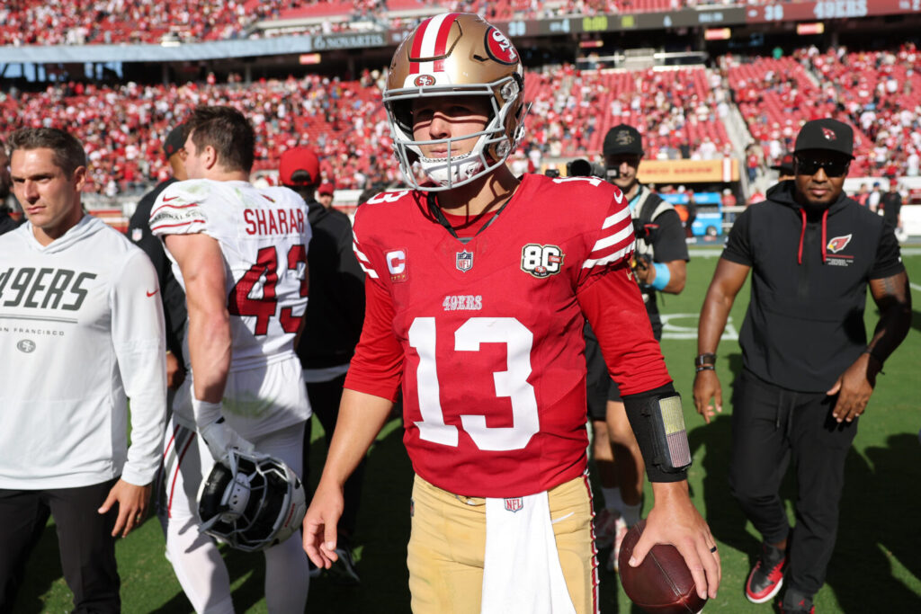 SANTA CLARA, CALIFORNIA - SEPTEMBER 27: Brock Purdy #13 of the San Francisco 49ers walks off the field after defeating the Arizona Cardinals 36-30 at Levi's Stadium on September 27, 2026 in Santa Clara, California. (Photo by Ezra Shaw/Getty Images)