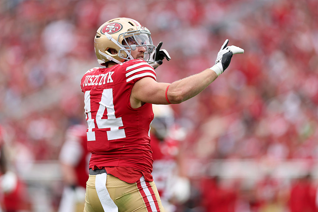 SANTA CLARA, CALIFORNIA - SEPTEMBER 20: Kyle Juszczyk #44 of the San Francisco 49ers reacts after g...