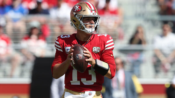 SANTA CLARA, CALIFORNIA - OCTOBER 04: Brock Purdy #13 of the San Francisco 49ers looks to pass the ball in the first quarter against the Denver Broncos at Levi's Stadium on October 04, 2026 in Santa Clara, California. (Photo by Lachlan Cunningham/Getty Images)