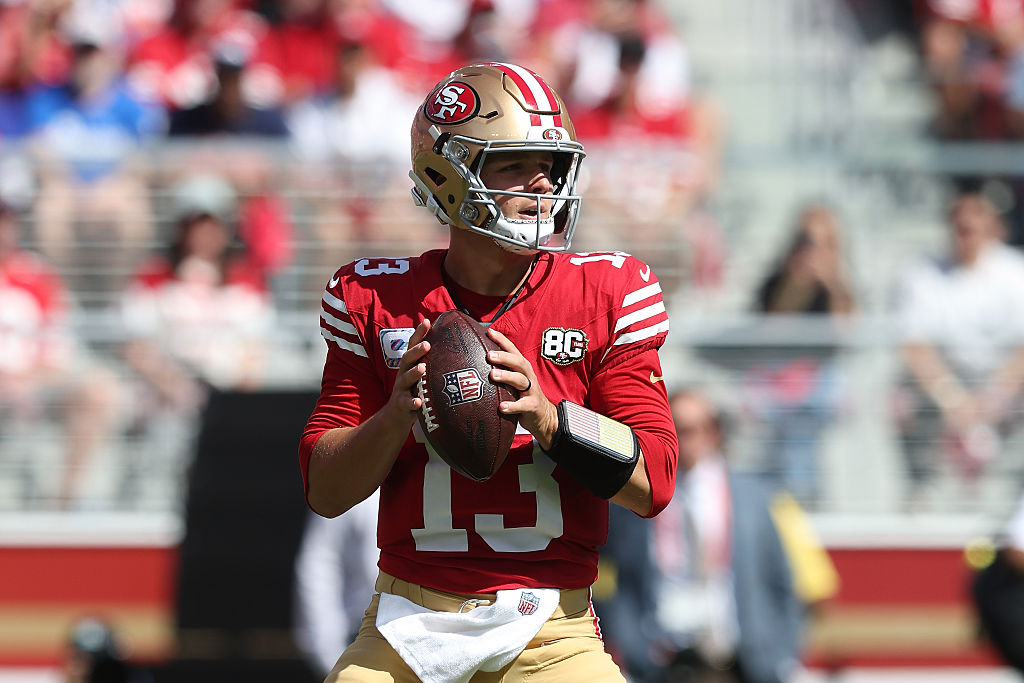 SANTA CLARA, CALIFORNIA - OCTOBER 04: Brock Purdy #13 of the San Francisco 49ers looks to pass the ball in the first quarter against the Denver Broncos at Levi's Stadium on October 04, 2026 in Santa Clara, California. (Photo by Lachlan Cunningham/Getty Images)