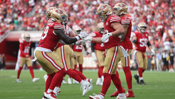 SANTA CLARA, CALIFORNIA - OCTOBER 04: Christian McCaffrey #23 of the San Francisco 49ers celebrates with Deebo Samuel Sr. #19 after scoring a touchdown in the fourth quarter against the Denver Broncos at Levi's Stadium on October 04, 2026 in Santa Clara, California. (Photo by Lachlan Cunningham/Getty Images)