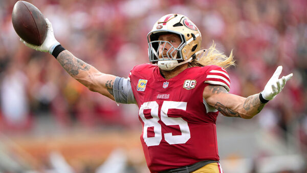 SANTA CLARA, CALIFORNIA - OCTOBER 04: George Kittle #85 of the San Francisco 49ers celebrates scoring a touchdown on a 56 yard pass play against the Denver Broncos in the fourth quarter at Levi's Stadium on October 04, 2026 in Santa Clara, California. (Photo by Thearon W. Henderson/Getty Images)