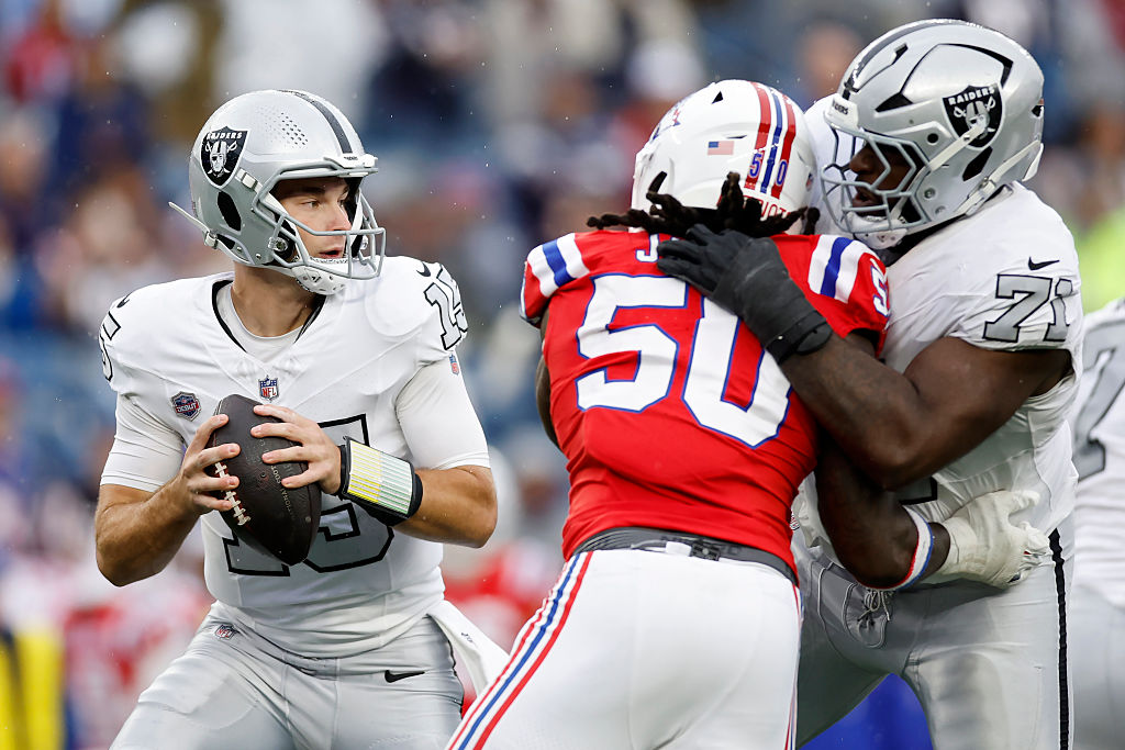 FOXBOROUGH, MASSACHUSETTS - OCTOBER 11: Fernando Mendoza #15 of the Las Vegas Raiders drops back to...