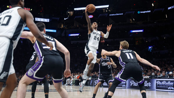 SAN ANTONIO, TX -OCTOBER 27: Devin Vassell #24 of the San Antonio Spurs goes to the basket against Sacramento Kings in the first half at Frost Bank Center on October 27, 2026 in San Antonio, Texas. NOTE TO USER: User expressly acknowledges and agrees that, by downloading and or using this photograph, User is consenting to terms and conditions of the Getty Images License Agreement. (Photo by Ronald Cortes/Getty Images)