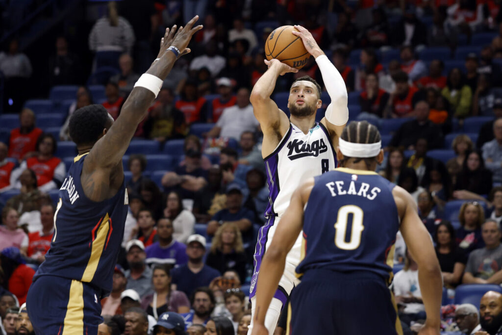 NEW ORLEANS, LOUISIANA - OCTOBER 29: Zach LaVine #8 of the Sacramento Kings shots over Zion Williamson #1 of the New Orleans Pelicans during the first half of the game at Smoothie King Center on October 29, 2026 in New Orleans, Louisiana. NOTE TO USER: User expressly acknowledges and agrees that, by downloading and or using this photograph, User is consenting to the terms and conditions of the Getty Images License Agreement. (Photo by Tyler Kaufman/Getty Images)